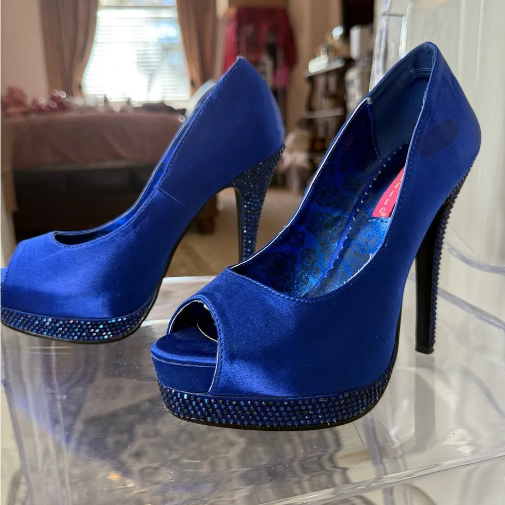Pleaser Royal Blue Rhinestone Heels so Comfy and Sturdy to Stand and dance in - Picture 3 of 10